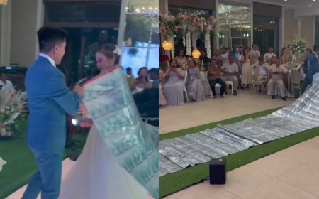 «Кредит алды ма екен, қасқа бала»: Тойда күйеу жігіт қалыңдығына ақшадан жасалған кілем сыйлады