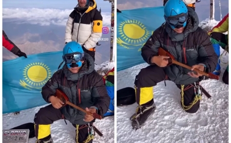 Домбырашы Әлібек Қайырбек Эльбрус шыңының ең биік нүктесіне шығып «Адай» күйін шертті (видео)