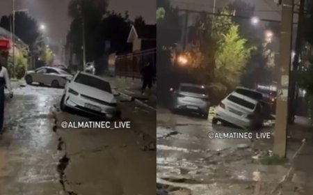 Алматыда жауын салдарынан 20-дан астам көлік жер астына түсіп кетті (ВИДЕО)